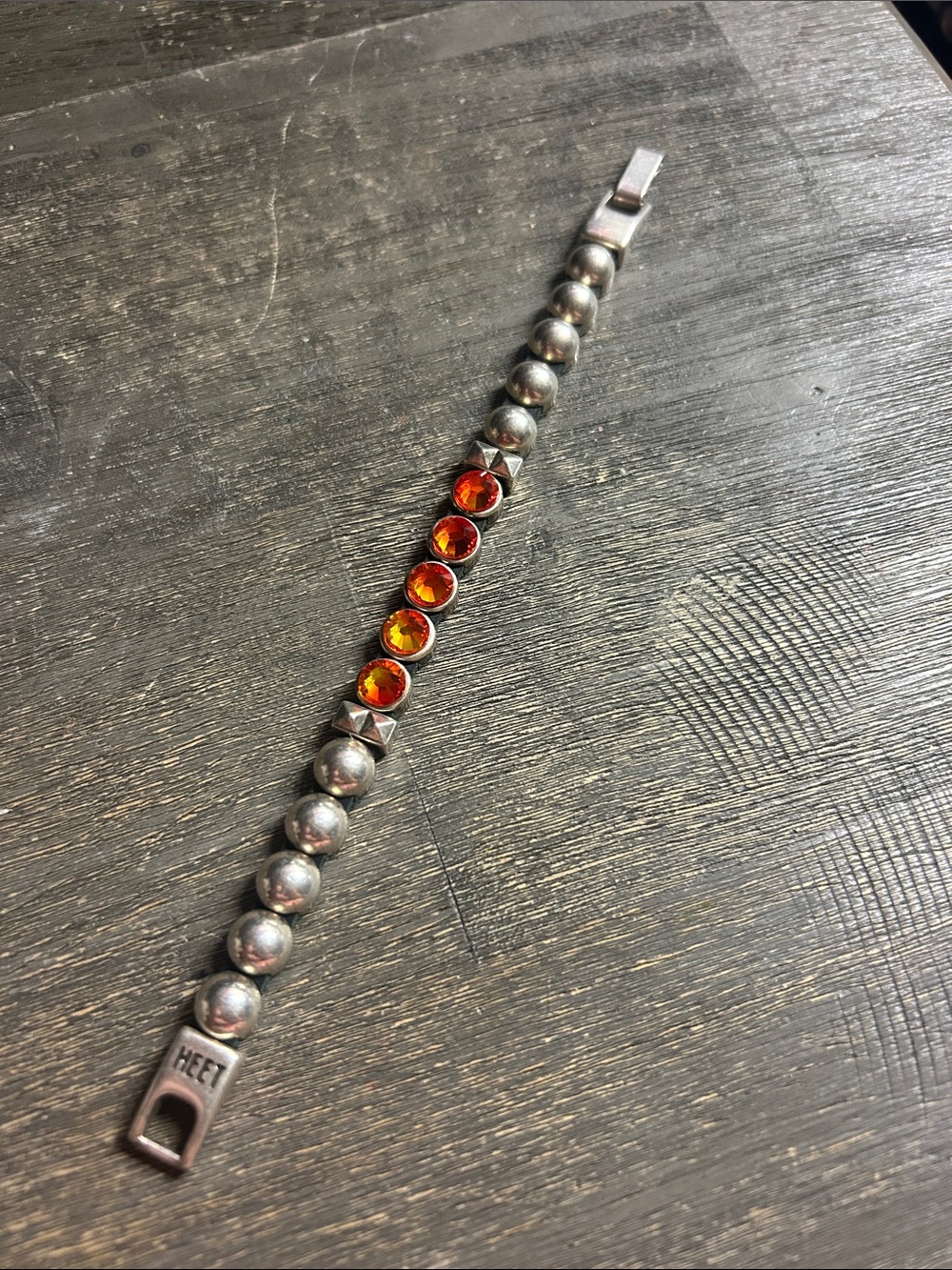 HEET - Rockstar Style‎ Silver & Leather Bracelet with Orange Swarovski Crystals